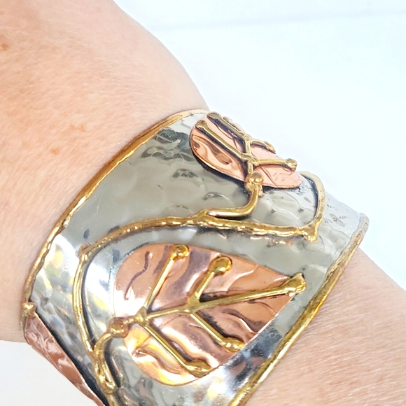 Anju Metal Hammered Mixed Metal Leaf Cuff Bracelet - Picture 10 of 12